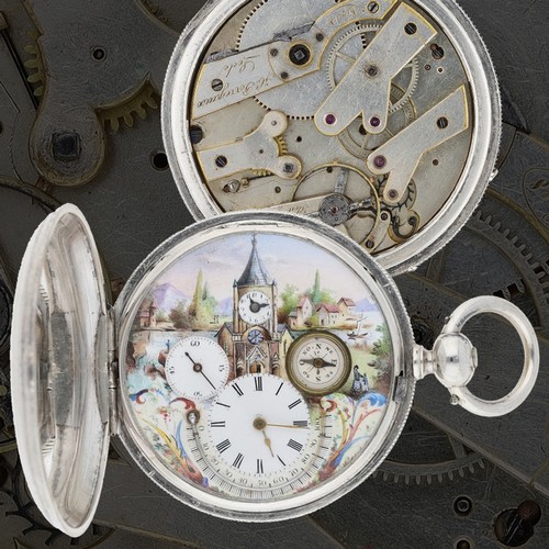 Hi. Perregaux, Locle - Interesting silver 'dual time zone' polychrome ...