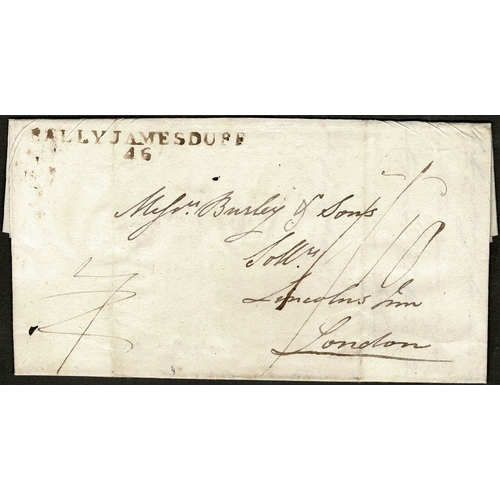 74 - 1823 BALLYJAMESDUFF/46 town mileage on cover to London, 1830 VIRGINIA/40 mileage on EL to Downpatric... 