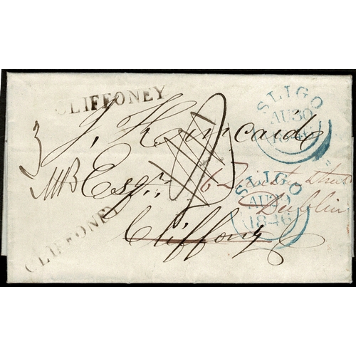 83 - 1846 EL Dublin to Cliffoney (petition of Thady Giblin, Carrownamadda) with black CLIFFONEY townstamp... 