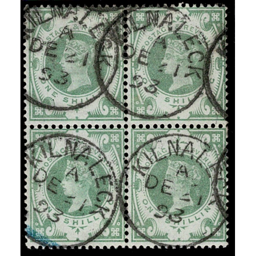 100 - 1887 Jubilee 1/- green block of four used with 1893 KILNALECK cds (Co. Cavan), blue crayon stroke at... 