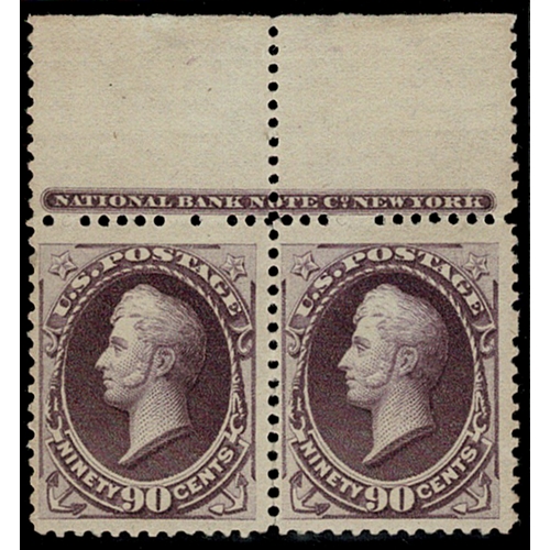 65 - 1887 Perry 90c purple, marginal pair with top NATIONAL BANK NOTE imprint, fresh mint with good centr... 