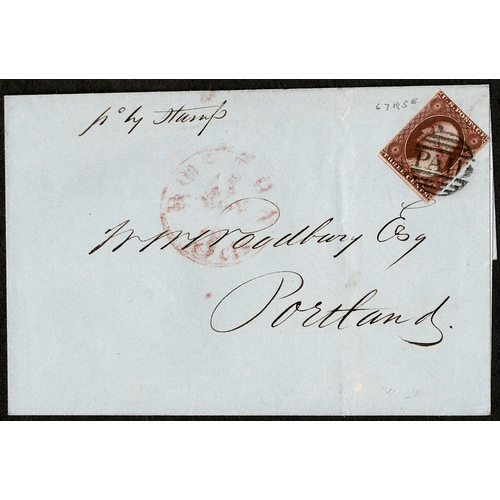 64 - 1851 imperf. 3c Washington type I, used on embossed ladies' envelope to Racine WI, tied neat blue WA... 