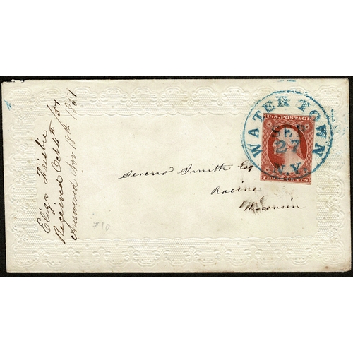 64 - 1851 imperf. 3c Washington type I, used on embossed ladies' envelope to Racine WI, tied neat blue WA... 