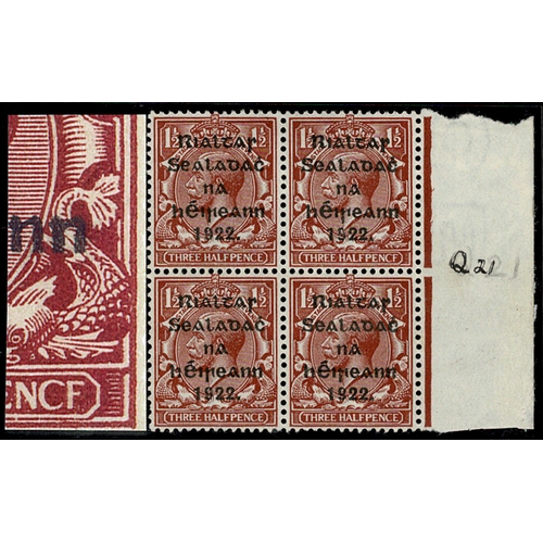 101 - T15b. 1 1/2d brown var. PENCF for PENCE of Row 15/12, in a marginal block of four mint, variety is u... 