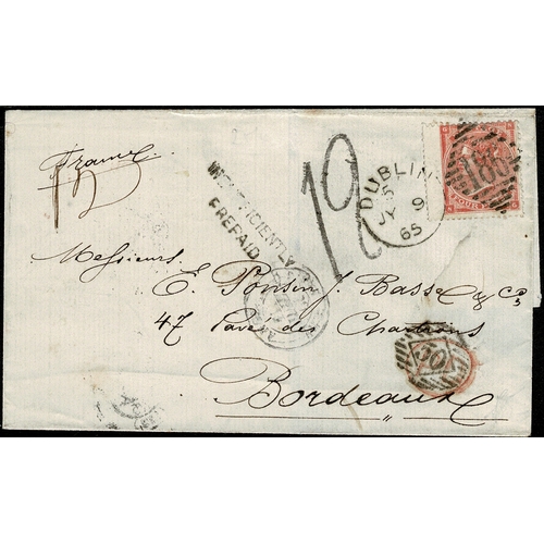 90 - 1865 cover Dublin to Bordeaux with 4d pl. 4 tied 