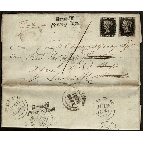 96 - 1840 1d black plate 9 AJ and DH, paying double rate on letter SKIBBEREEN JU 19 1841 to Bruff, cancel... 