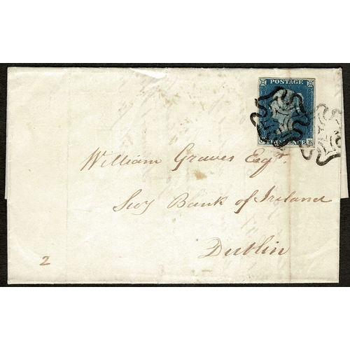 97 - 1840 2d blue plate 1 OB, used on banking cover ENNISKILLEN AU 13 1841 to London, tied by two strikes... 