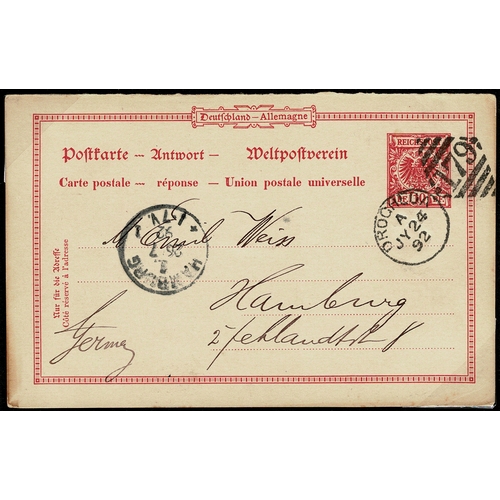 93 - 1892 German Empire 10Pf Reply Postcard, return half used to Hamburg cancelled clear DROGHEDA/179 dup... 