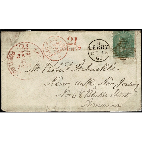 89 - 1862 cover to New Jersey with 1/- green tied Derry 172 duplex, sent by Allan Line Canadian Packet wi... 