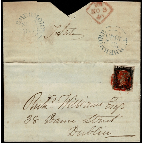 95 - 1840 1d Black Plate 5 TG, used on cover to Dublin, tied by vivid bright red Tubbermore Maltese Cross... 