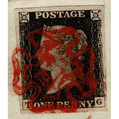 95 - 1840 1d Black Plate 5 TG, used on cover to Dublin, tied by vivid bright red Tubbermore Maltese Cross... 