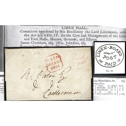 75 - 1824 cover from Dublin to Castlecomer showing on face the extremely rare LINEN-BOARD/POST/*PAID* ova... 