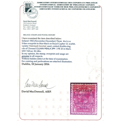 102 - T43. 1d scarlet variety Watermark Inverted fresh used with central cds of Clonmel CLUAIN MEALA 3 FE ... 