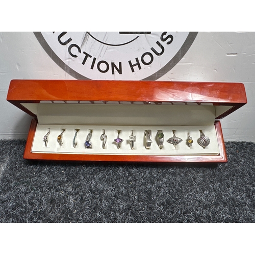3 - 12 Silver Stamped Rings In Decorative Wooden Display Box - Used