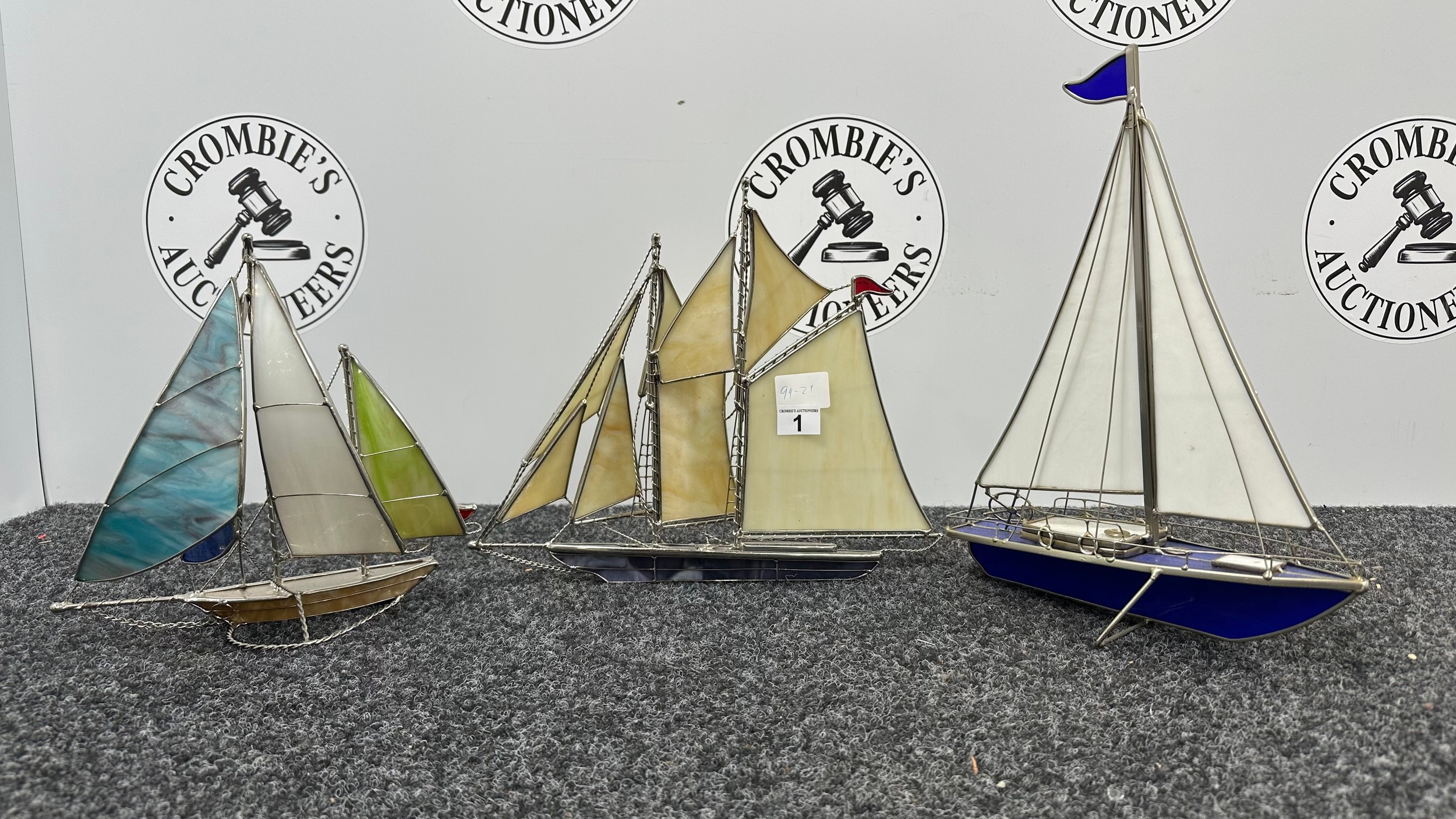3 Decorative Model of Sailboats With Stained Glass Sails