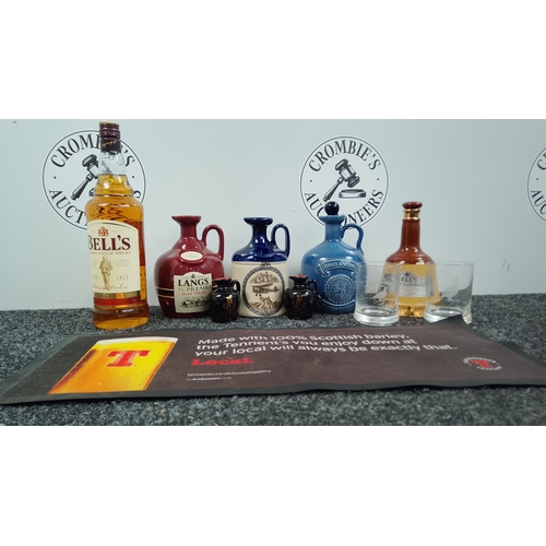 Bells blended scotch whisky 1 litre&4 decanters (empty) and beer matt and glasses
