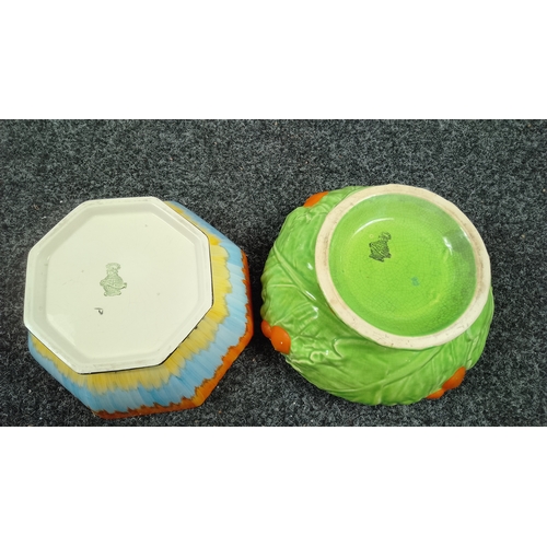 98 - Rare Vintage Czech Art Deco Hand-Painted Pottery Vase Bow & Vintage Arthur Wood Ceramic Lettuce Leaf... 