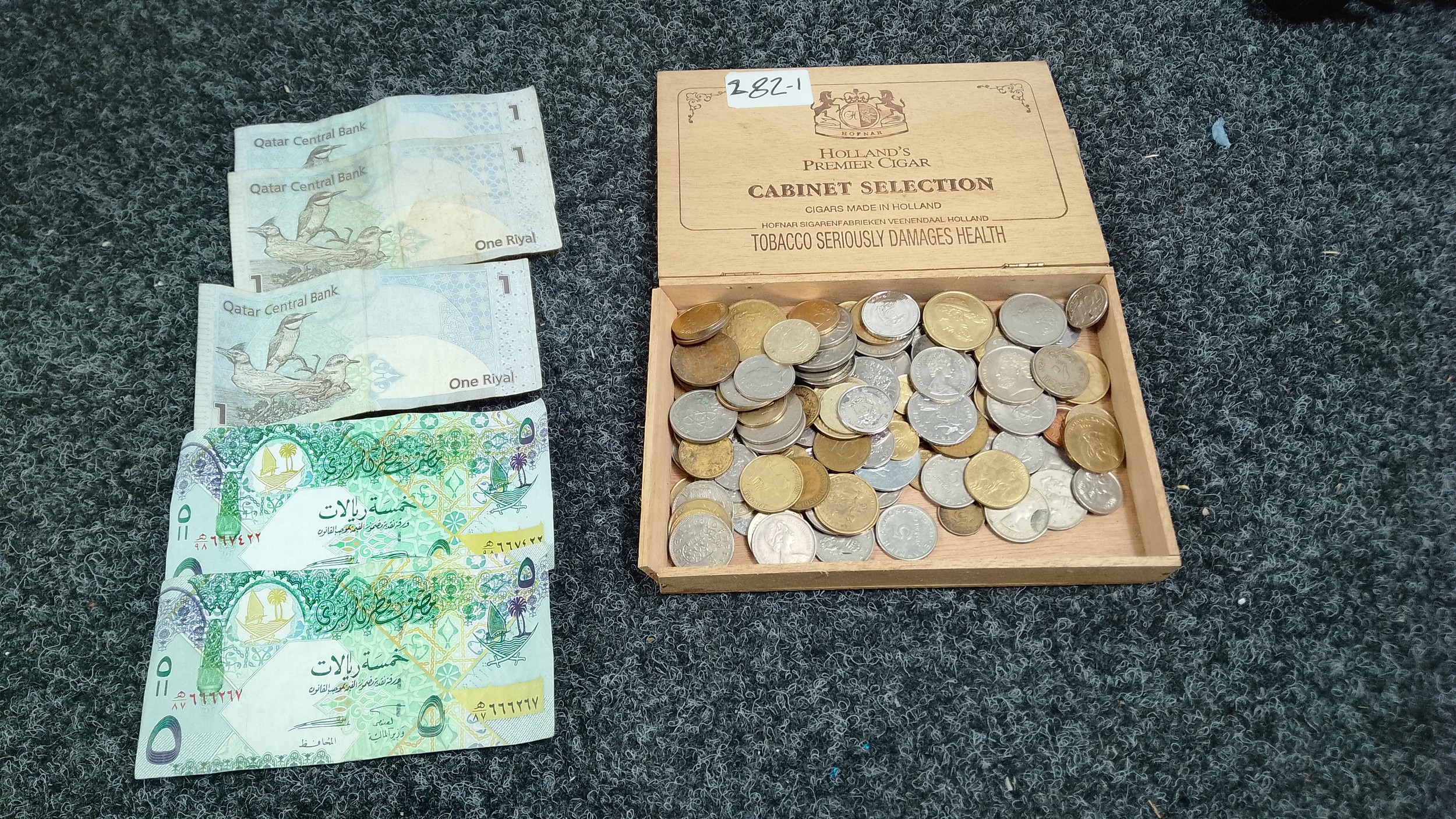 Qty of Coins & Notes in Wooden Cigar Box