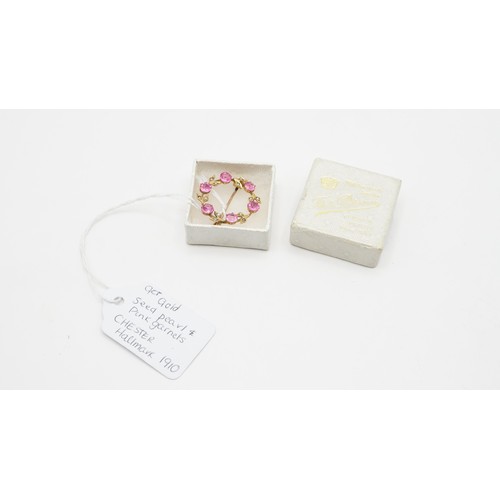62 - 9ct Gold Seed Pearl & Pink Garnet Chester Brooch
