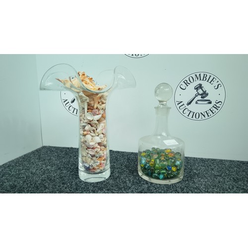 33 - Glass Vase & Bottle Containing Seashells & Marbles