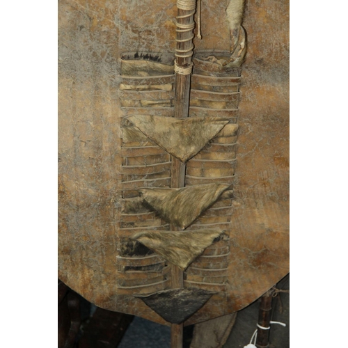 2034 - African: a South African Zulu spotted cowhide shield, with wooden pole, total length 129.5cm.