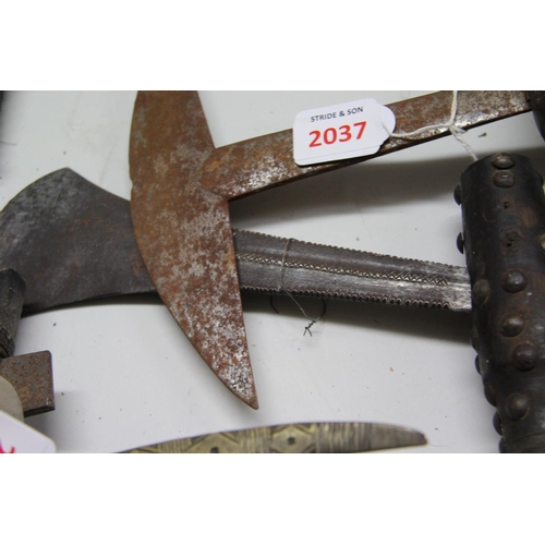 2037 - African: two axes, one South African with crescent shaped blade, 63.5cm long; the other with brass s... 