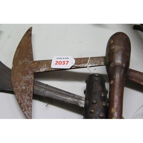 2037 - African: two axes, one South African with crescent shaped blade, 63.5cm long; the other with brass s... 