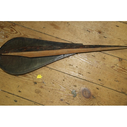 2056 - Oceanic: a paddle, with leaf shaped blade, 126cm long; together with another wooden spear, with geom... 