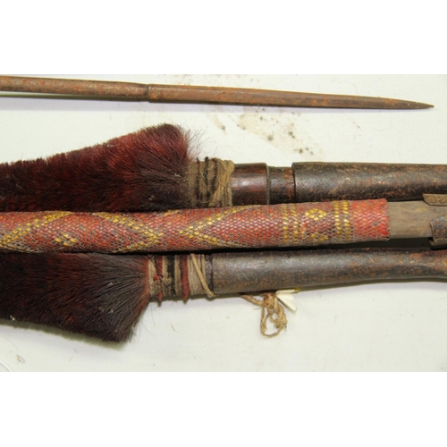 2062 - Two old Naga spears, the shafts decorated with red and black dyed goat's hair, with iron spear heads... 