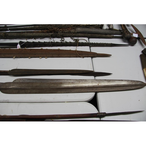 2069 - African: two Maasai spears having large steel heads, (89cm and 96.5cm long) and long metal tips, tot... 