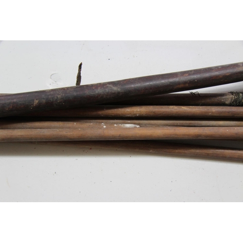 2081 - African: a bow, approx 117cm long; together with five metal tipped arrows; and a wooden stick. (7)