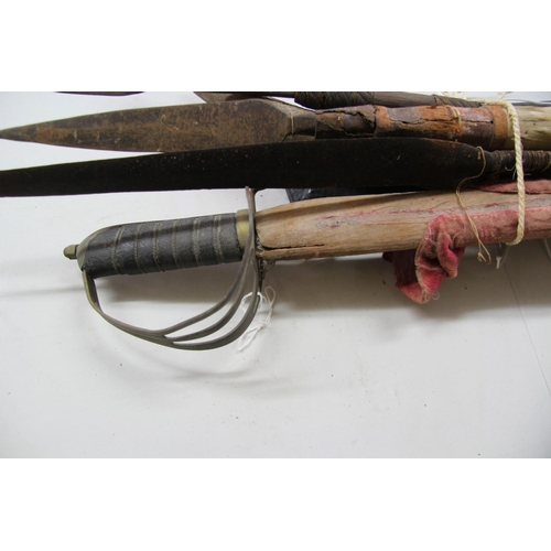 2082 - Three spears; together with a modern Indian sword; a large kukri scabbard; and an old horn. (6)