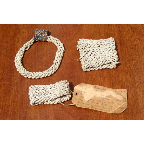 2110 - Two Heishi shell bracelets and a similar necklace, one bracelet bearing old tag indistinctly inscrib... 