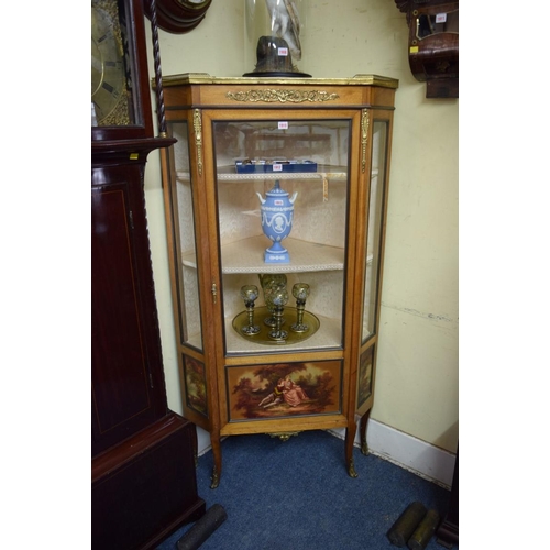 1910 - A Louis XVI style mahogany, vernis martin and gilt brass mounted corner vitrine, 86cm wide.