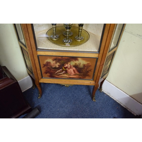 1910 - A Louis XVI style mahogany, vernis martin and gilt brass mounted corner vitrine, 86cm wide.