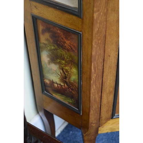 1910 - A Louis XVI style mahogany, vernis martin and gilt brass mounted corner vitrine, 86cm wide.