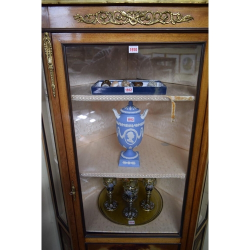 1910 - A Louis XVI style mahogany, vernis martin and gilt brass mounted corner vitrine, 86cm wide.