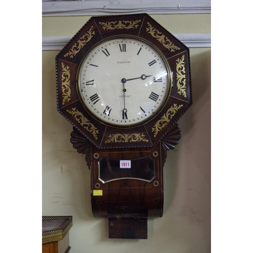 1911 - A 19th century rosewood and brass inlaid drop dial wall clock, the 10in painted circular dial inscri... 