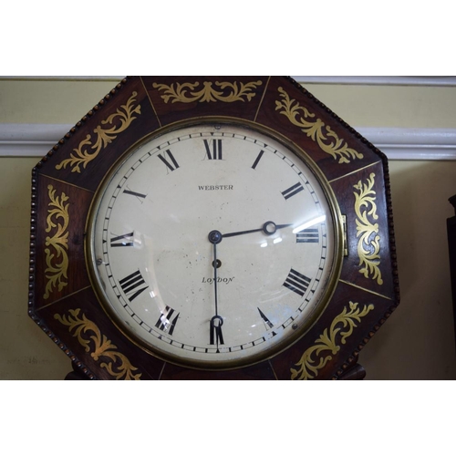 1911 - A 19th century rosewood and brass inlaid drop dial wall clock, the 10in painted circular dial inscri... 