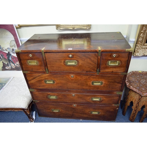 1937 - A 19th century mahogany and brass bound campaign chest, in two parts, with countersunk handles, 99.5... 