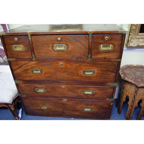 1937 - A 19th century mahogany and brass bound campaign chest, in two parts, with countersunk handles, 99.5... 