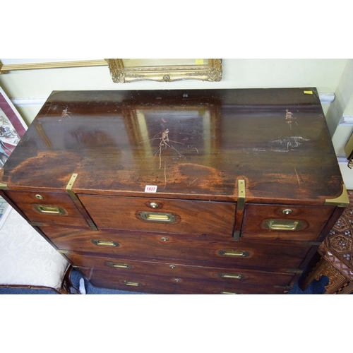 1937 - A 19th century mahogany and brass bound campaign chest, in two parts, with countersunk handles, 99.5... 