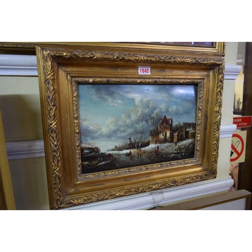 1940 - Van der Borg, Dutch Frozen River Scene, signed, oil on panel, 22 x 33cm.