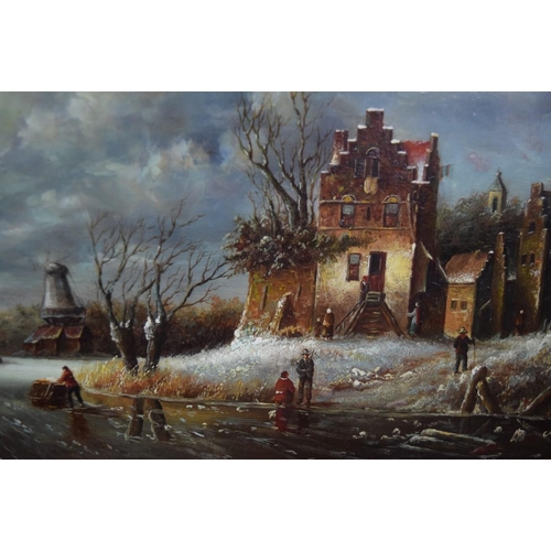 1940 - Van der Borg, Dutch Frozen River Scene, signed, oil on panel, 22 x 33cm.