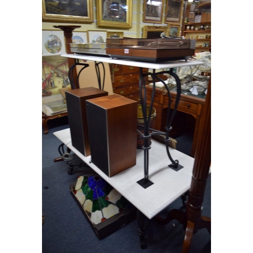 1953 - Two marble top wrought iron tables, 140 and 119.5cm wide.