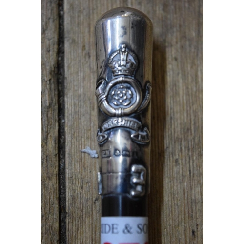 1976 - A silver mounted King's Own Yorkshire Light Infantry swagger stick, inscribed '1st KOYLI Cricket Cup... 