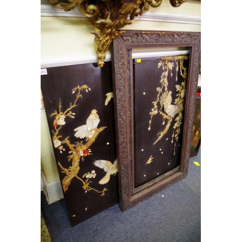 1813 - A pair of Japanese shibayama panels, 90 x 48cm, each in carved wood frames.