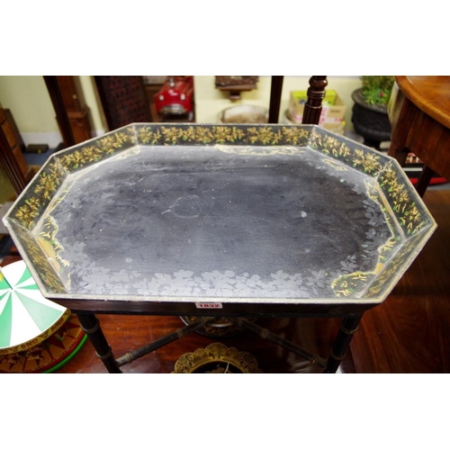 1832 - An antique papier-mache tray on simulated bamboo stand, 65.5cm wide.