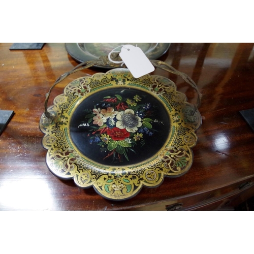 1833 - A Victorian papier-mache and brass swing handled tray, by Jennens & Bettridge, 26cm diameter; togeth... 