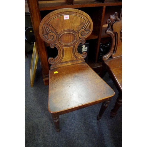 1841 - A late Regency mahogany hall chair; together with another pair of Victorian mahogany hall chairs.